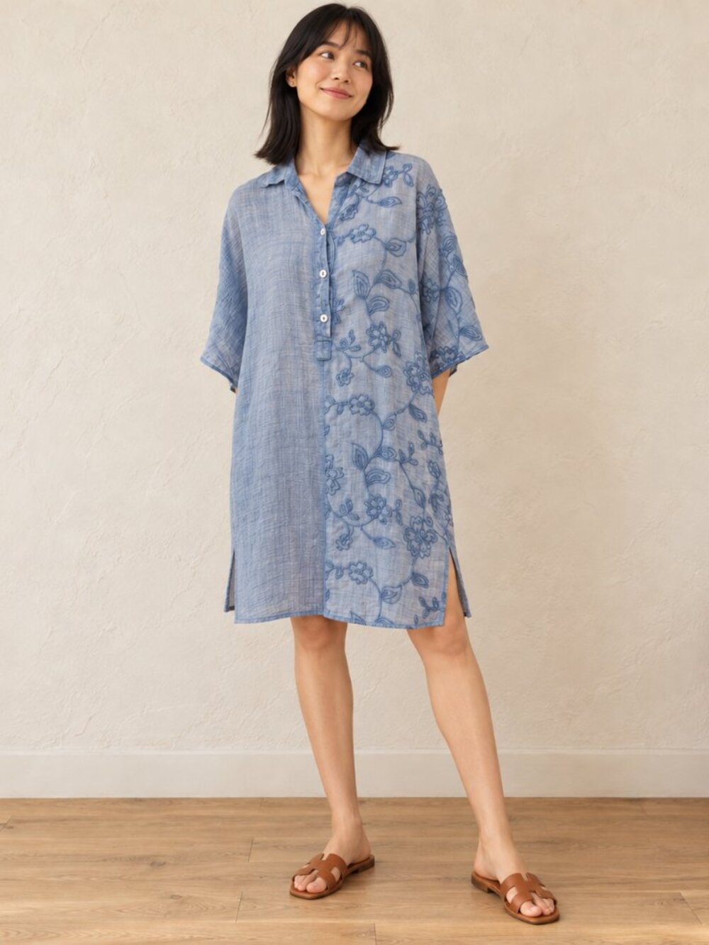 M Italy Lagenlook Light Blue Floral Cotton Button-Front Small Oversized Top